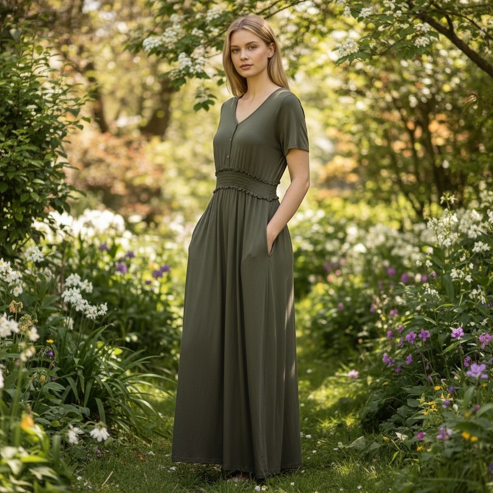 Flamingo Olive Green Smocked Waist Maxi Dress Short Sleeve V-Neck Pockets Medium
